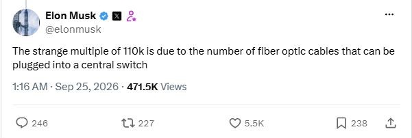 Elon Musk (@elonmusk), September 25, 2026: The strange multiple of 110k is due to the number of fiber optic cables that can be plugged into a central switch.